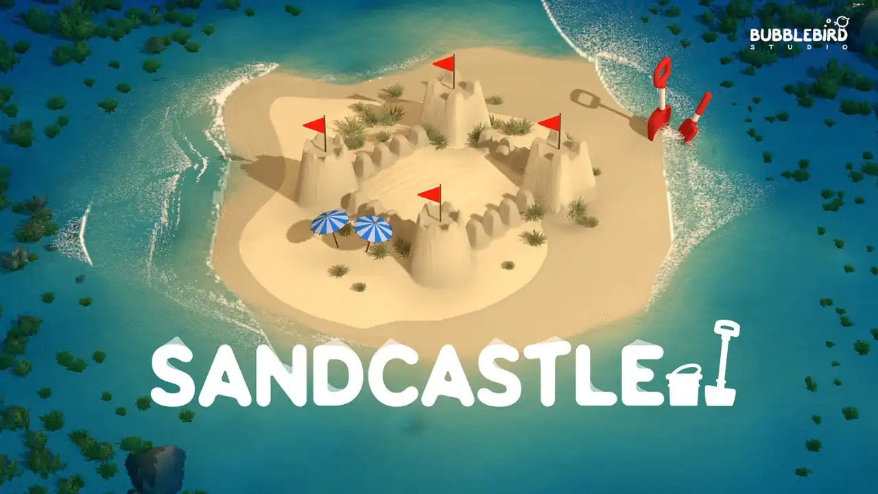 Sandcastle key art showing a sandcastle island surrounded by shallow blue water