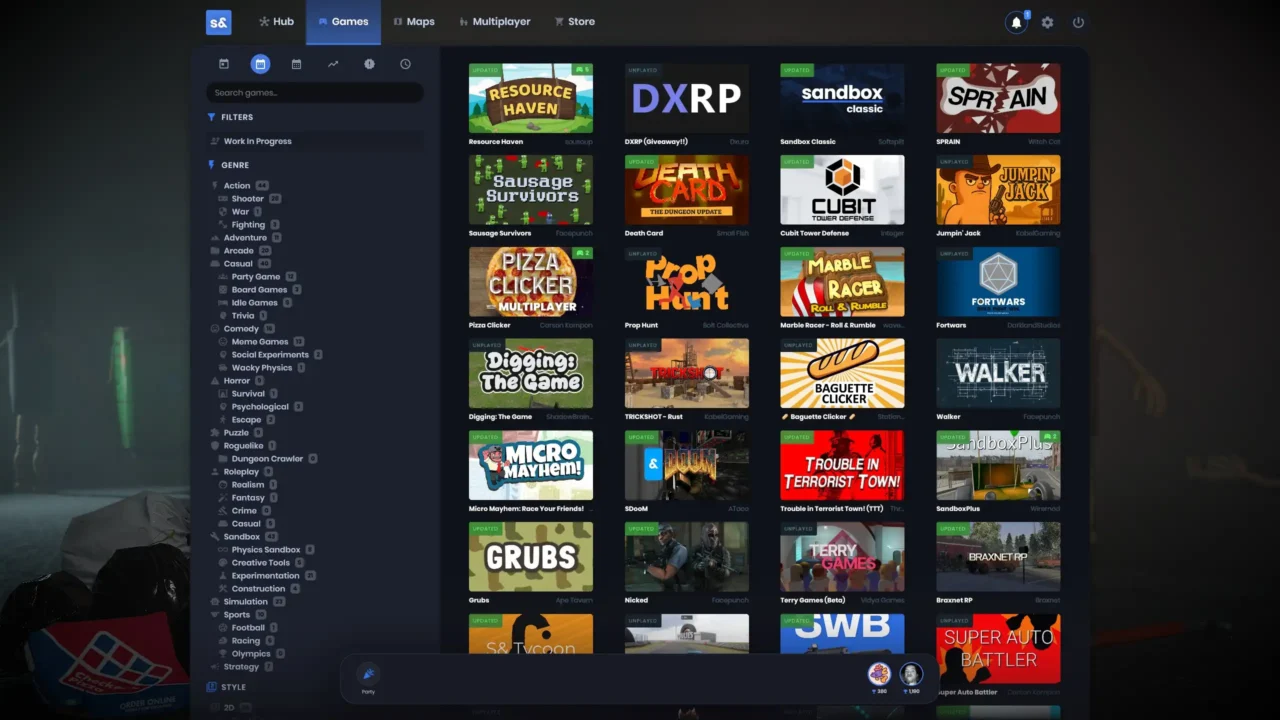 s&box games browser showing community-made games, filters, and categories in the platform interface