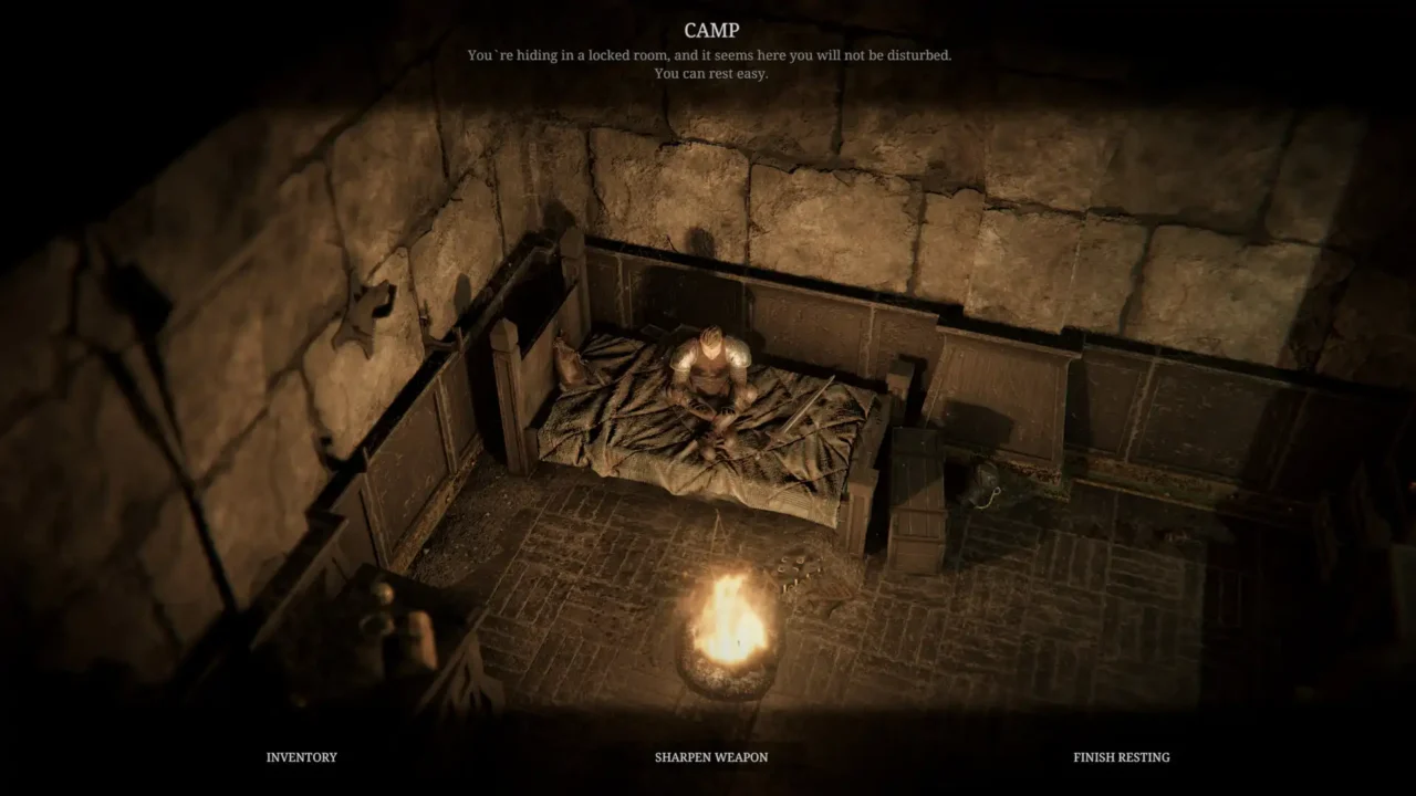Spark in the Dark PC screenshot showing a camp safe room with firelight