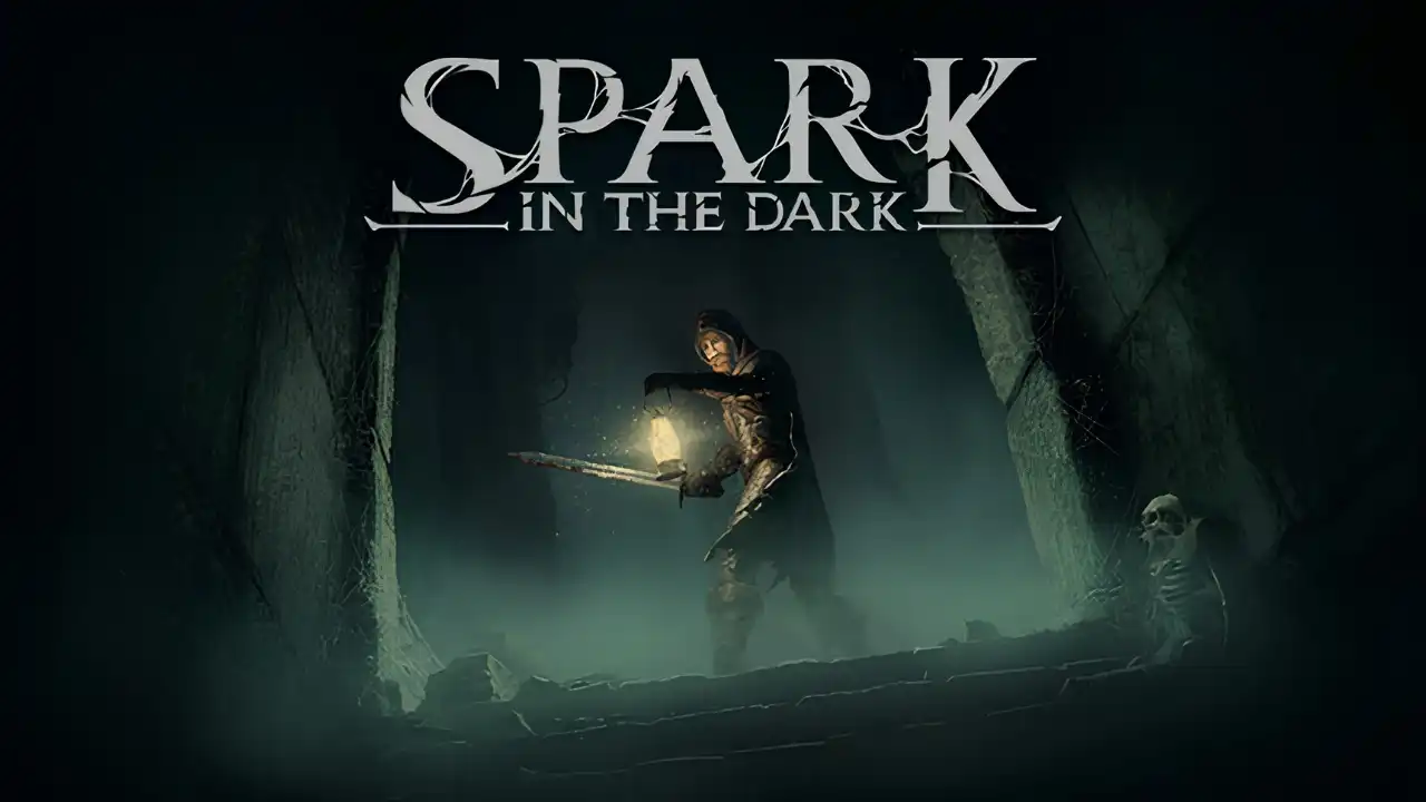 Spark in the Dark key art showing a lone dungeon crawler holding a lantern in a dark underground passage