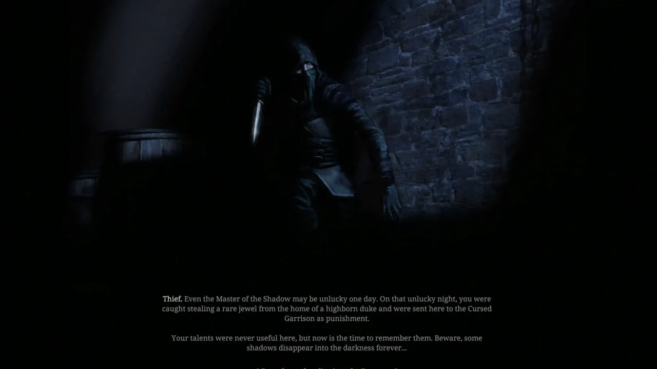 Spark in the Dark thief character intro screen on PC