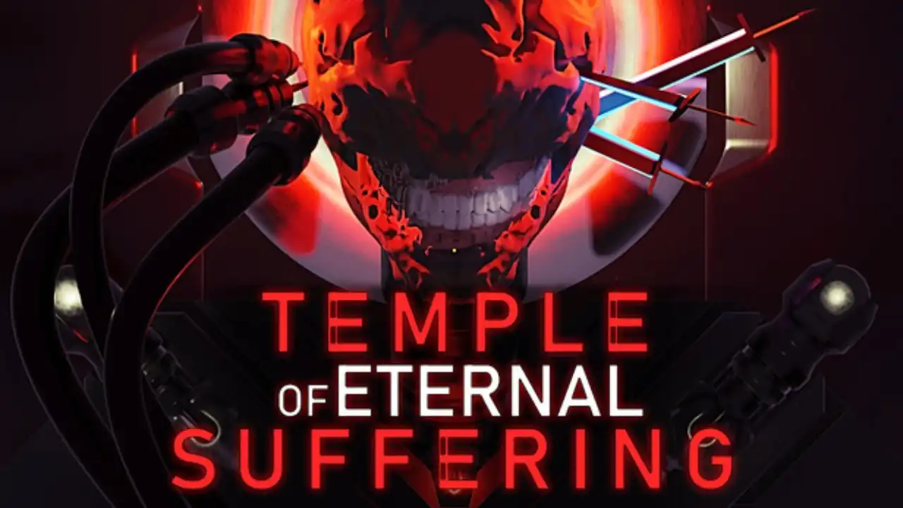 Temple of Eternal Suffering key art showing a red sci-fi skull design and the game title.
