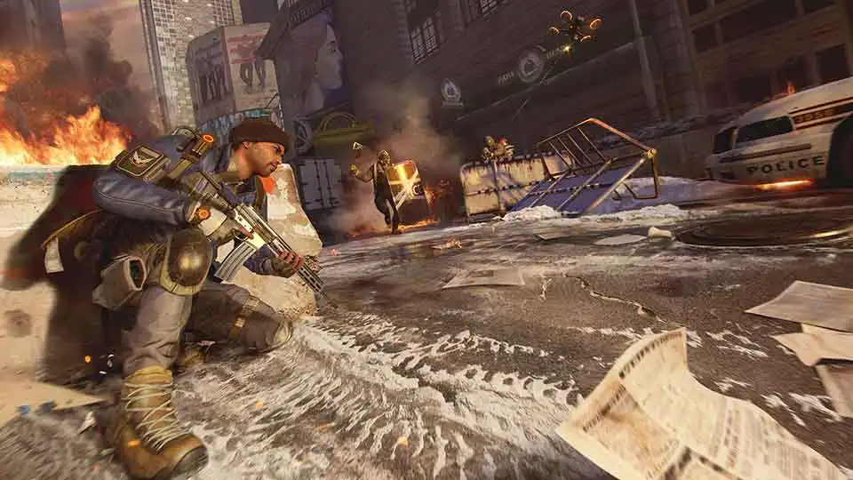 Tom Clancy’s The Division Resurgence screenshot showing an agent in cover during a firefight against Cleaners in New York City