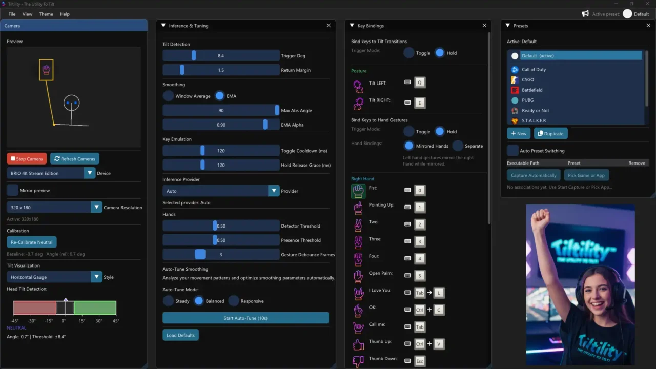 Tiltility controller bindings and preset system for game-specific profiles