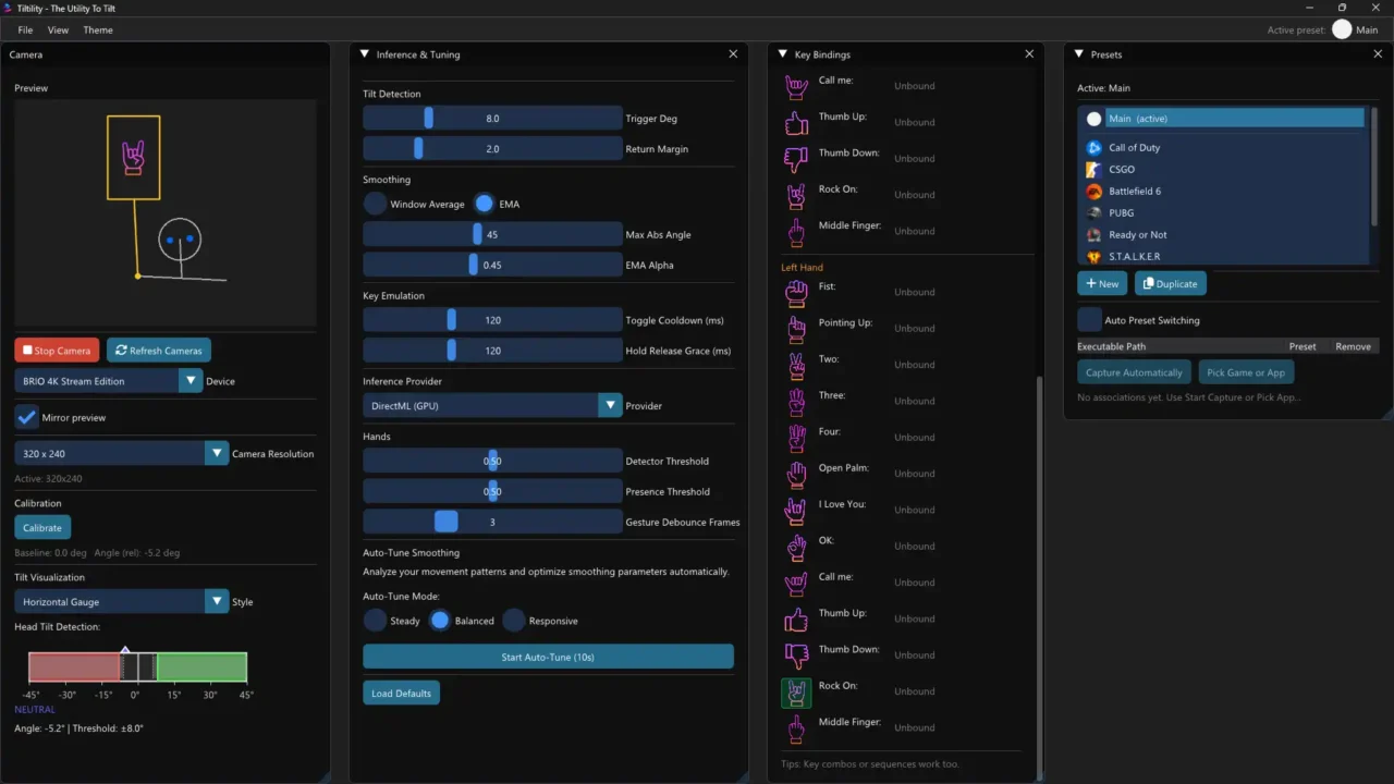 Tiltility interface showing camera preview, tilt tuning, key bindings, and preset system