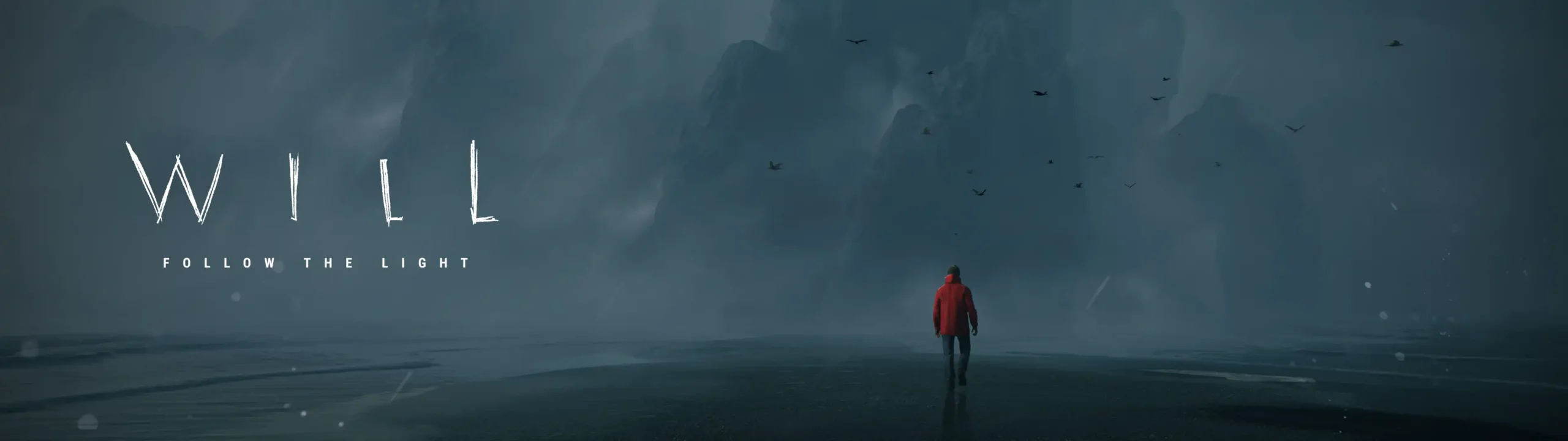 WILL: Follow the Light key art with a lone figure in a red jacket on a dark shoreline