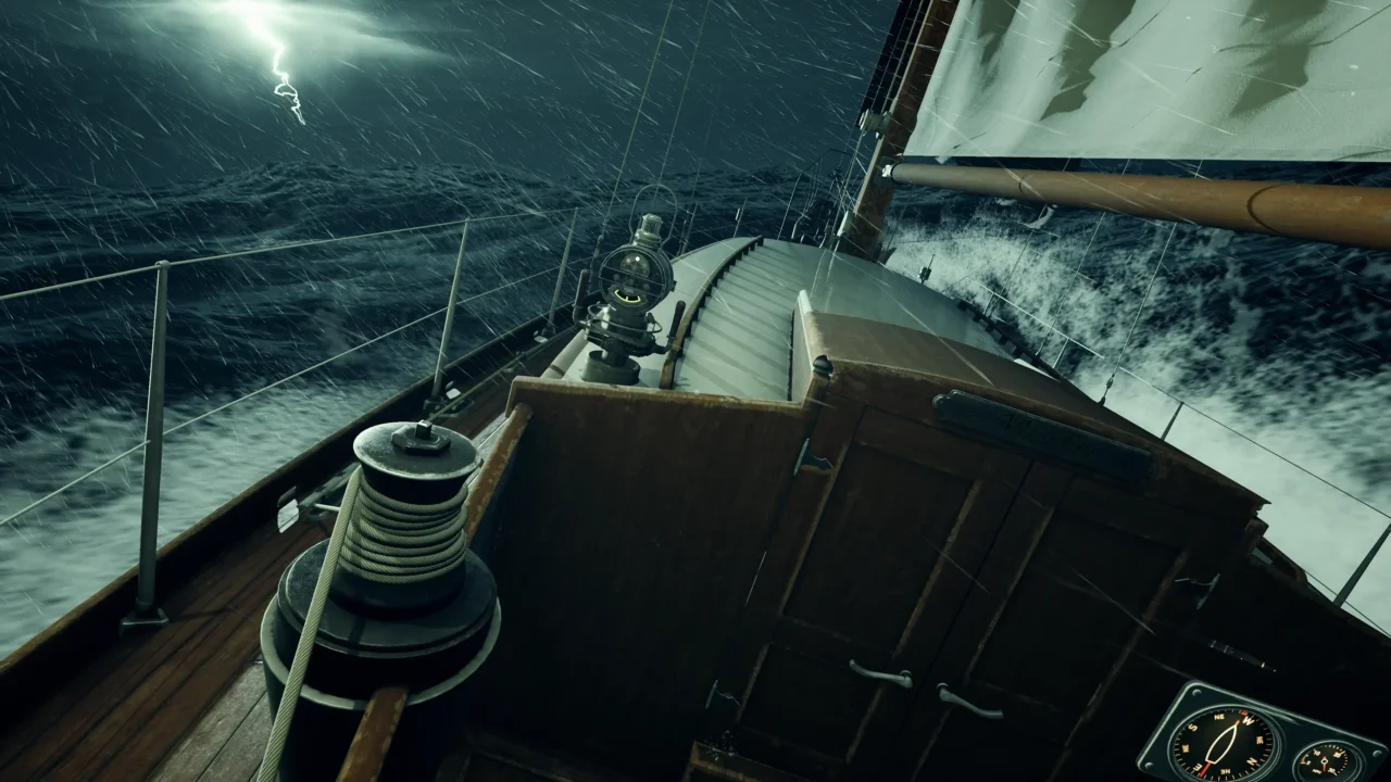 Stormy sailing sequence in WILL: Follow the Light with lightning and rough waves