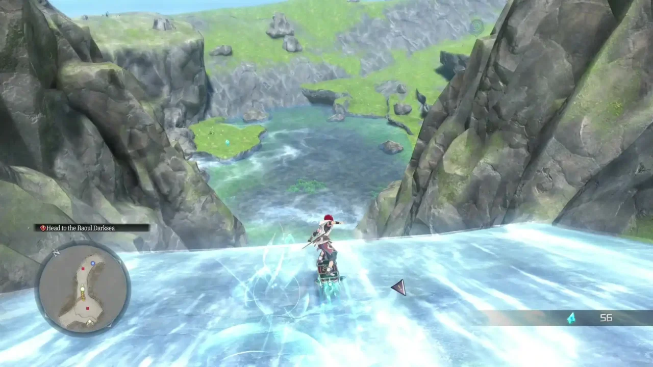 Adol using Mana boarding across rushing water in Ys X: Proud Nordics