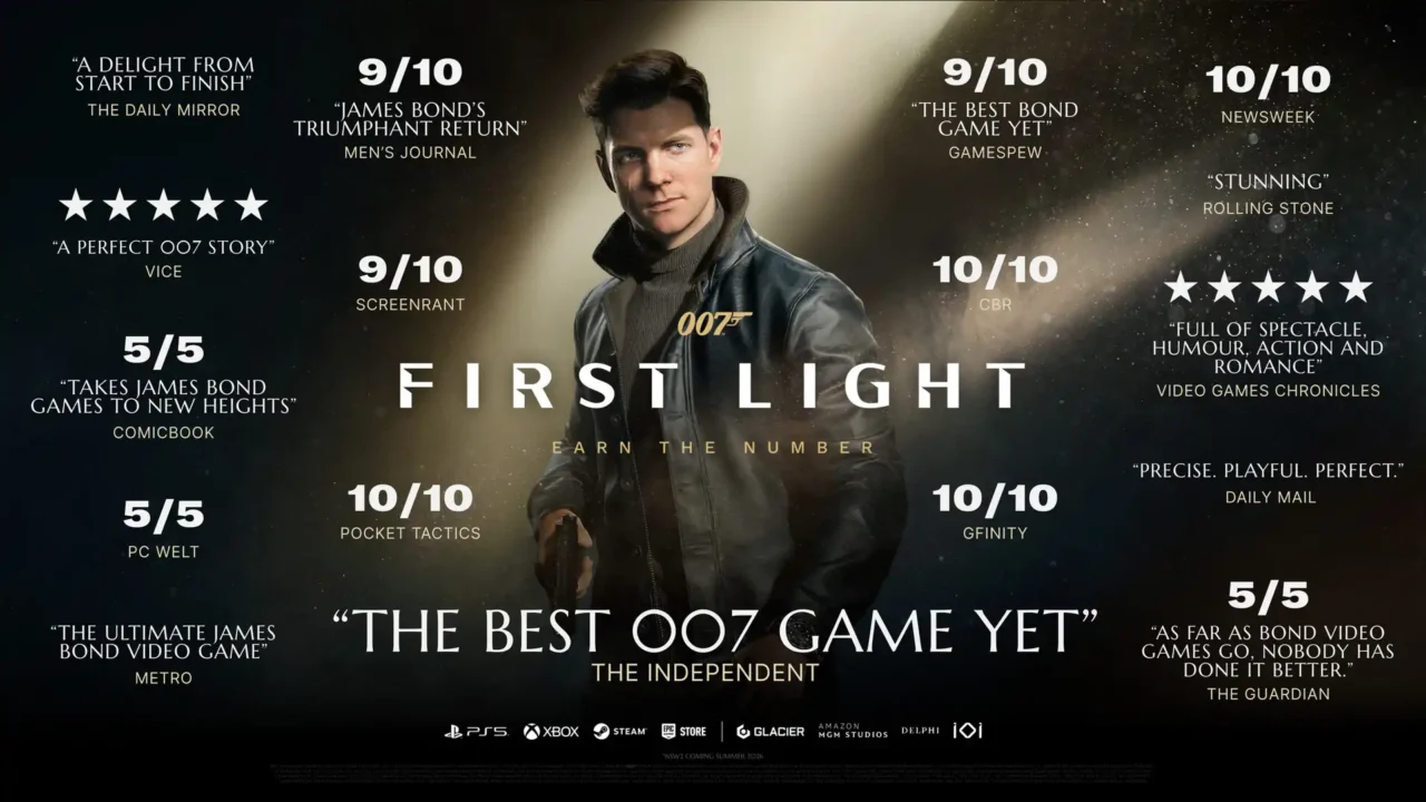 007 First Light promotional accolade image showing several high review scores and critic quotes around the main character.