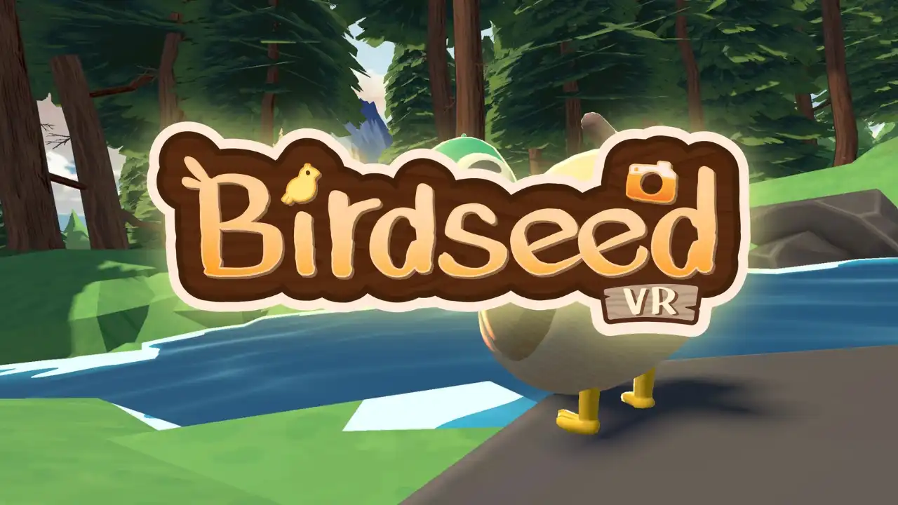 Birdseed VR logo over a colorful forest river scene from Buffalo Buffalo’s cozy VR birdwatching game.