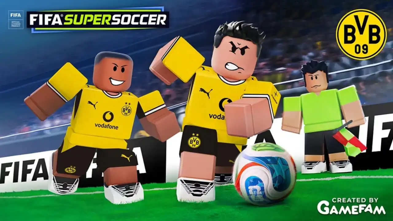 Borussia Dortmund kits in FIFA Super Soccer on Roblox with BVB 09 and Gamefam branding.