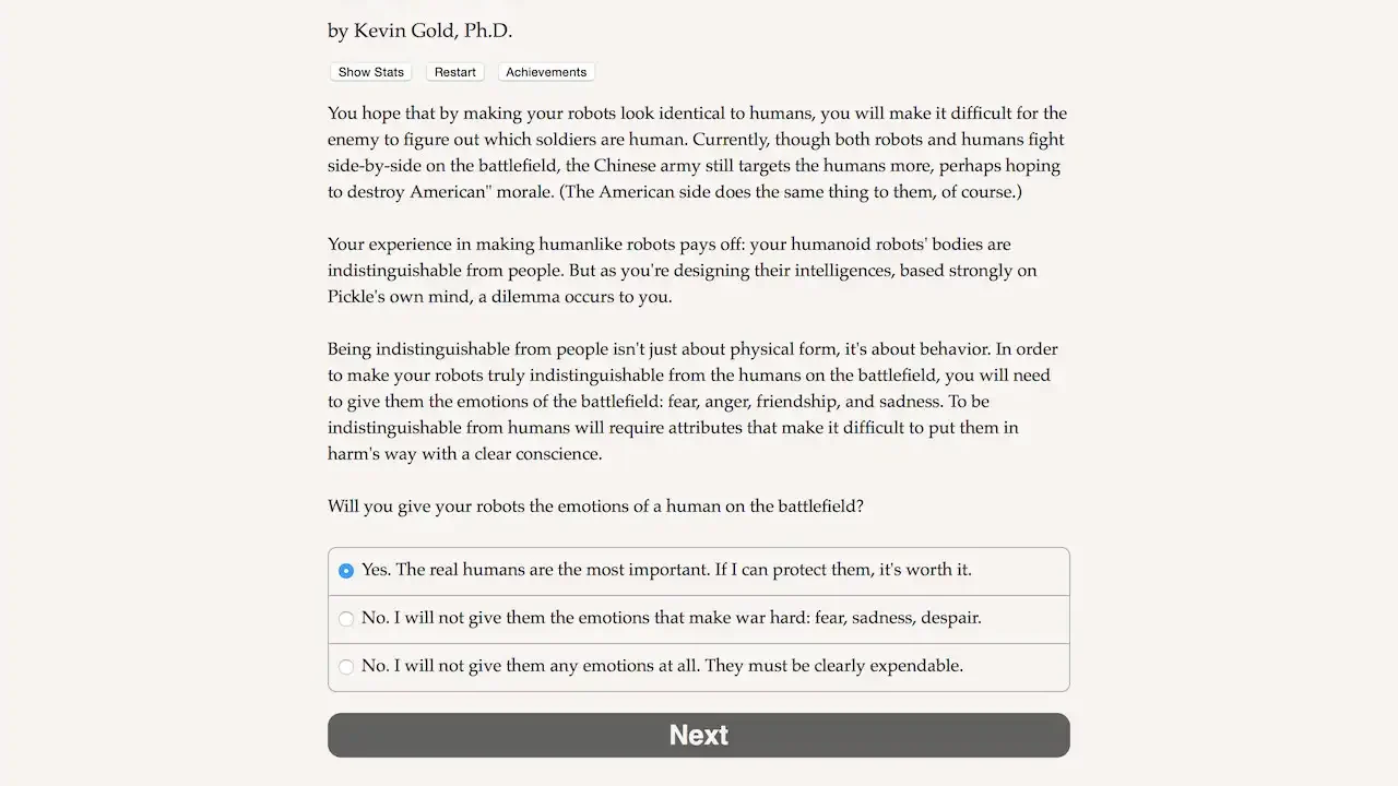 Choice of Robots screenshot showing a text-based choice about giving robots human emotions on the battlefield