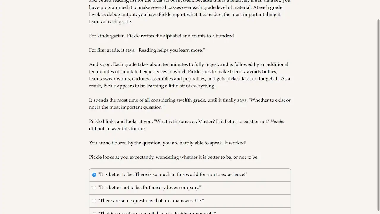 Choice of Robots screenshot showing a text-based existential choice about whether it is better to exist