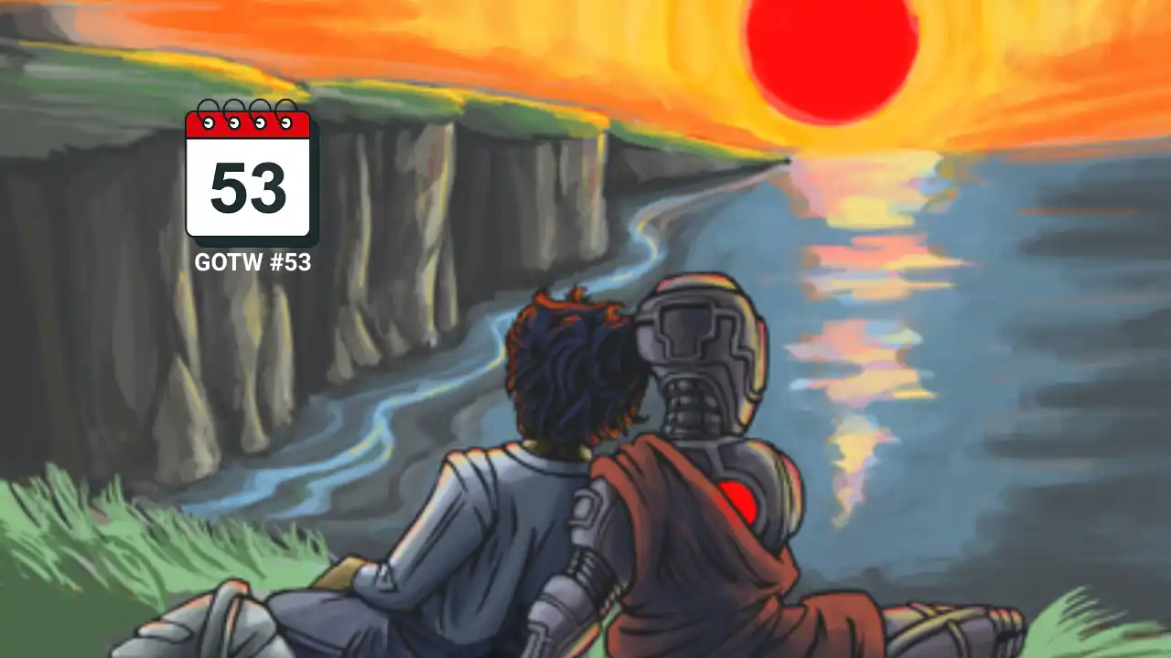 Choice of Robots Game of the Week #53 feature image showing a human and robot looking toward a sunset