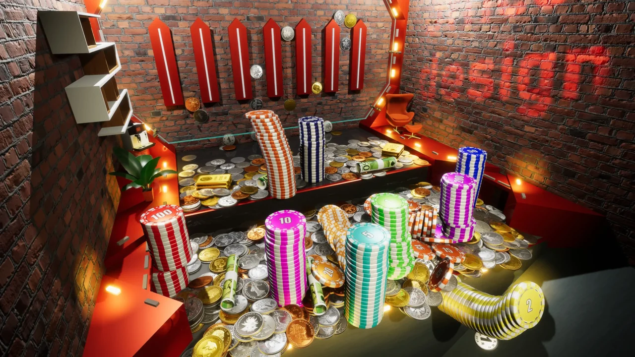 Coin Pusher Casino gameplay screenshot showing coins, casino chips, and rewards stacked across a classic coin pusher table.
