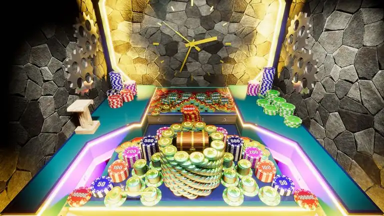 Coin Pusher Casino gameplay screenshot showing a Greek-themed coin pusher machine with coins, chips, columns, water, and temple scenery.