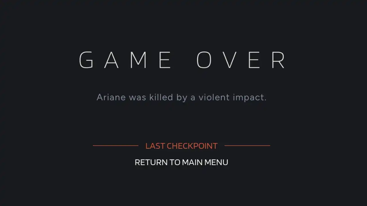 Game over screen showing the message Ariane was killed by a violent impact with a last checkpoint option.