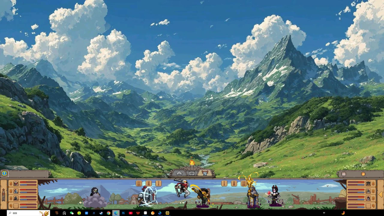 Duelist: Idle Expedition gameplay showing pixel-art heroes battling enemies in a fantasy landscape.