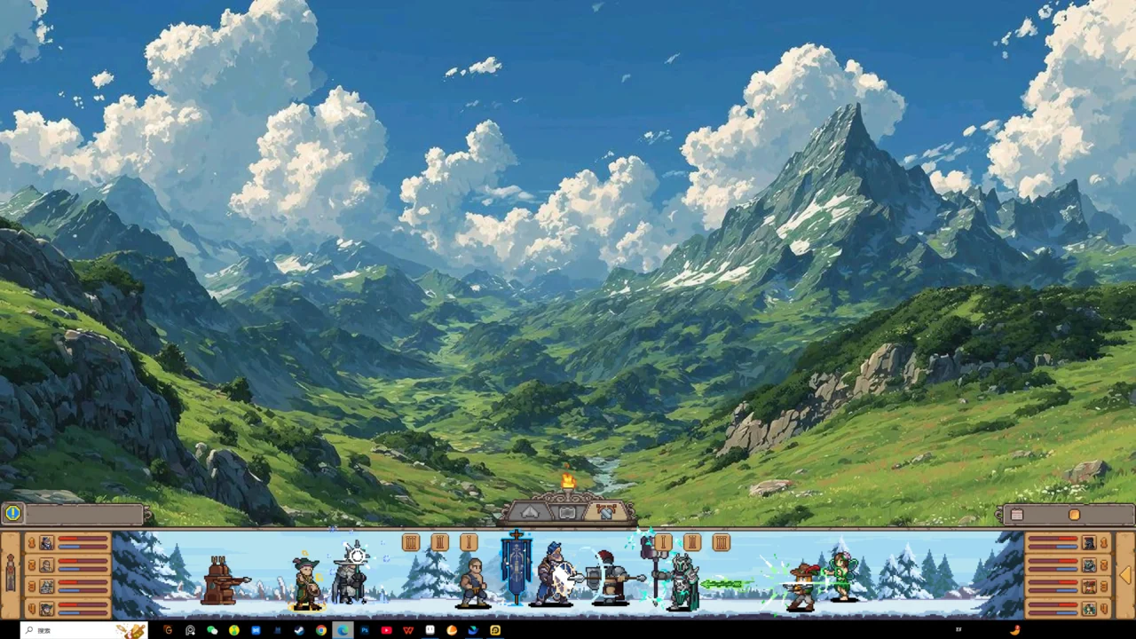 Duelist: Idle Expedition screenshot showing a pixel-art party fighting enemies in a snowy area.