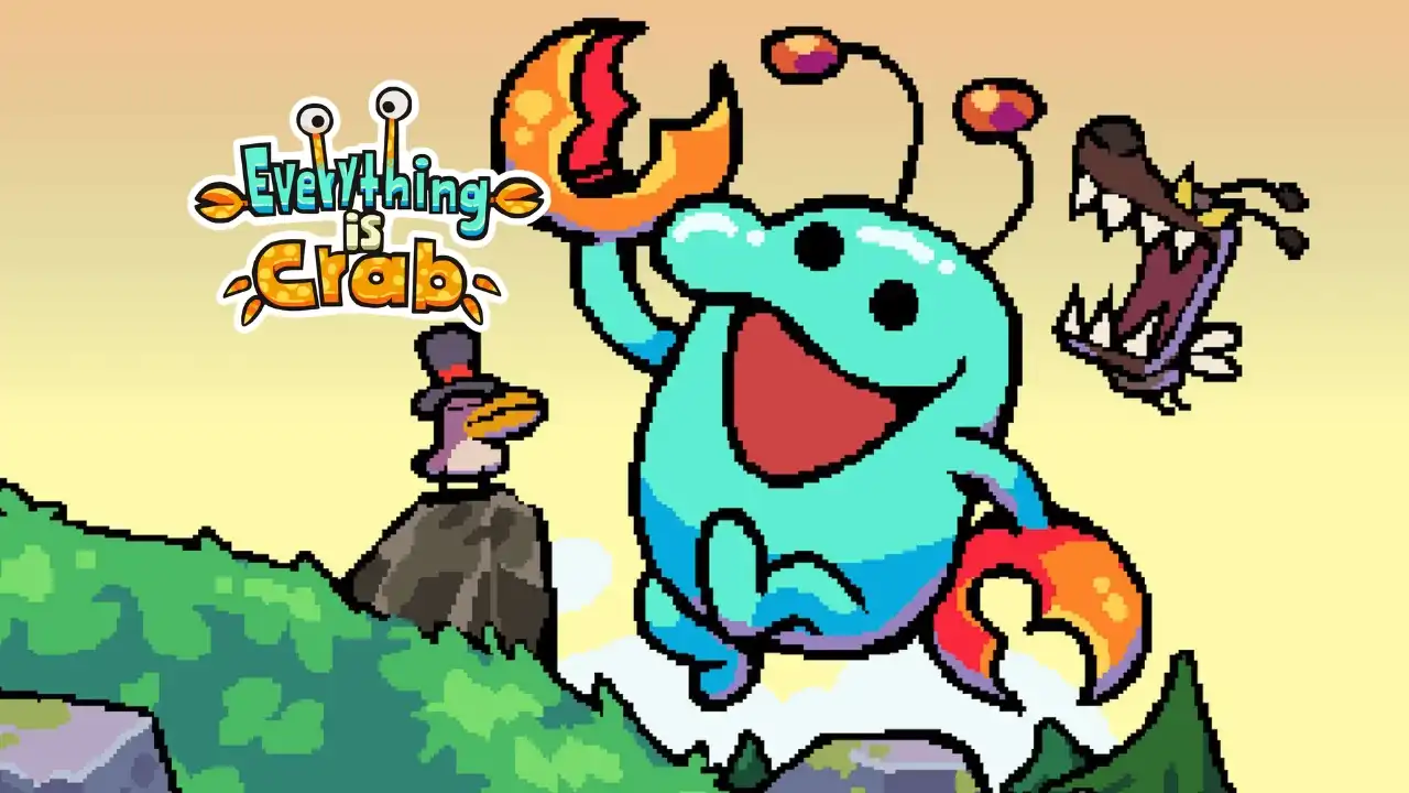 Everything is Crab key art showing a smiling blue crab-like creature with claws, pixel-art wildlife, and the game logo.