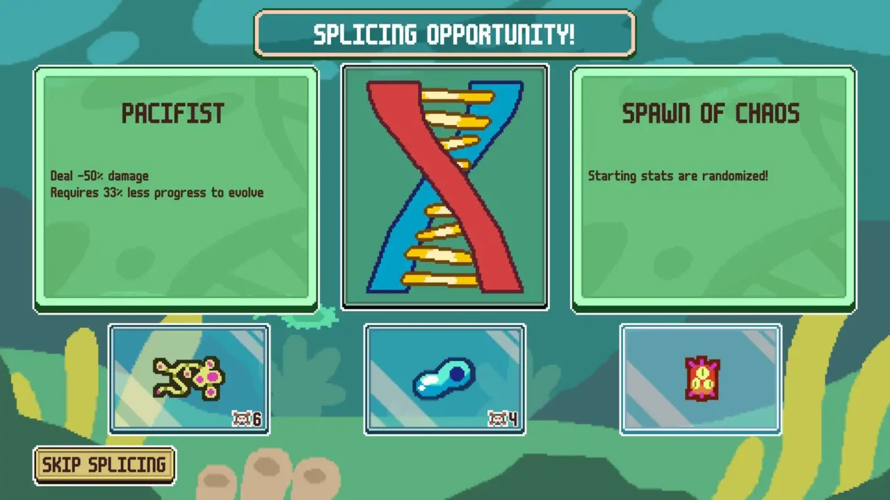 Everything is Crab gameplay screen showing a splicing opportunity with creature DNA choices and mutation options.