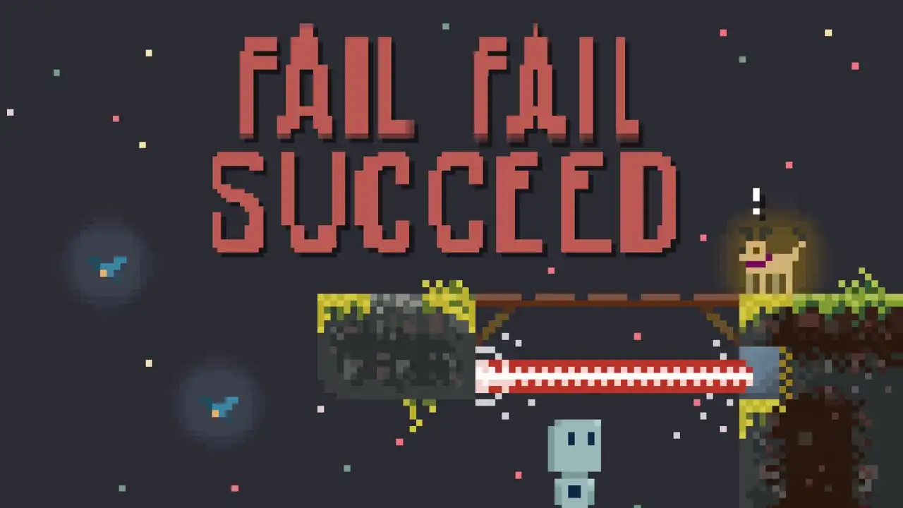 Fail Fail Succeed key art showing the game title and pixel-art puzzle platforming scene