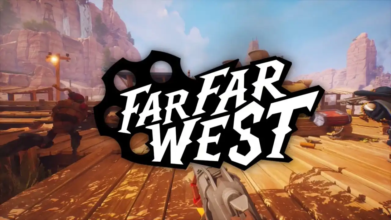 Far Far West logo over a weird-west shooter scene, highlighting the Steam Early Access co-op breakout from Evil Raptor and Fireshine Games.
