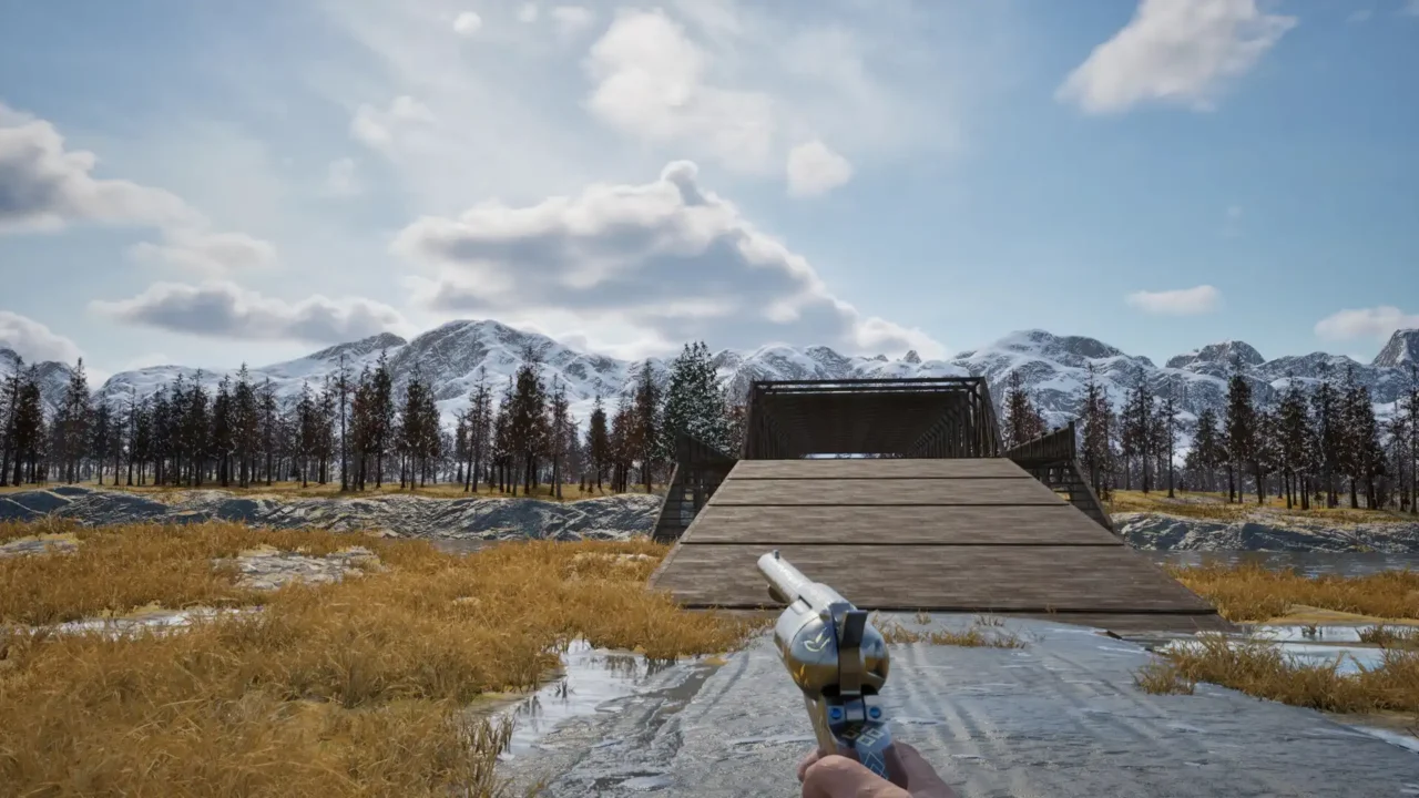Hauntsville gameplay screenshot showing a revolver aimed toward a wooden bridge in a snowy frontier landscape.
