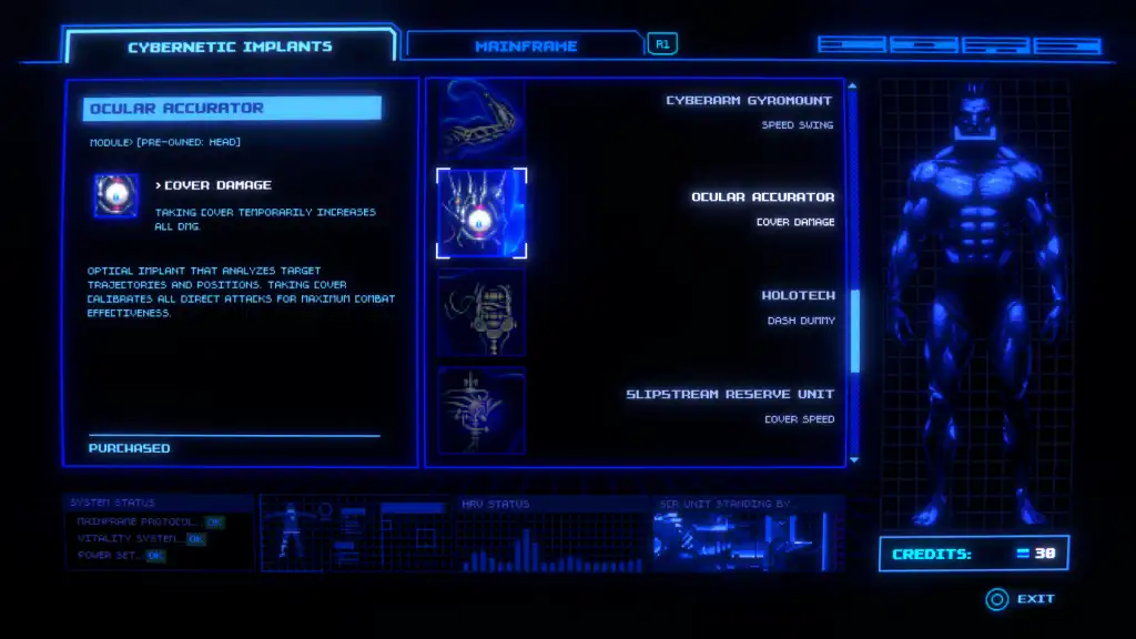 Huntdown Overtime upgrade screen showing cybernetic implants, upgrade modules, and character enhancement options.