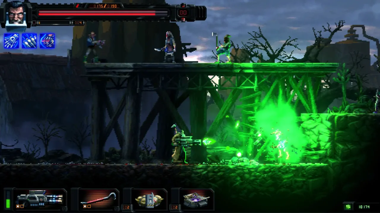 Huntdown Overtime gameplay screenshot showing green plasma combat on a dark industrial bridge.