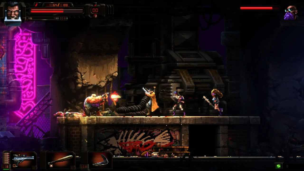 Huntdown Overtime gameplay screenshot showing a neon street shootout with enemies and cyberpunk lighting.