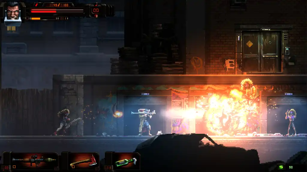 Huntdown Overtime gameplay screenshot showing a street firefight with a large explosion and enemies in a dark urban level.