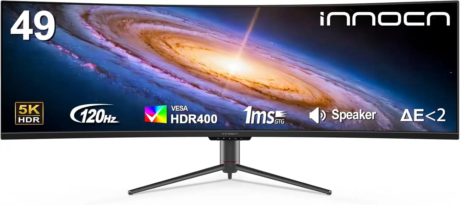 INNOCN 49-inch super ultrawide monitor showing 5120x1440 resolution, 120Hz refresh rate, HDR400, speakers, and 32:9 aspect ratio.