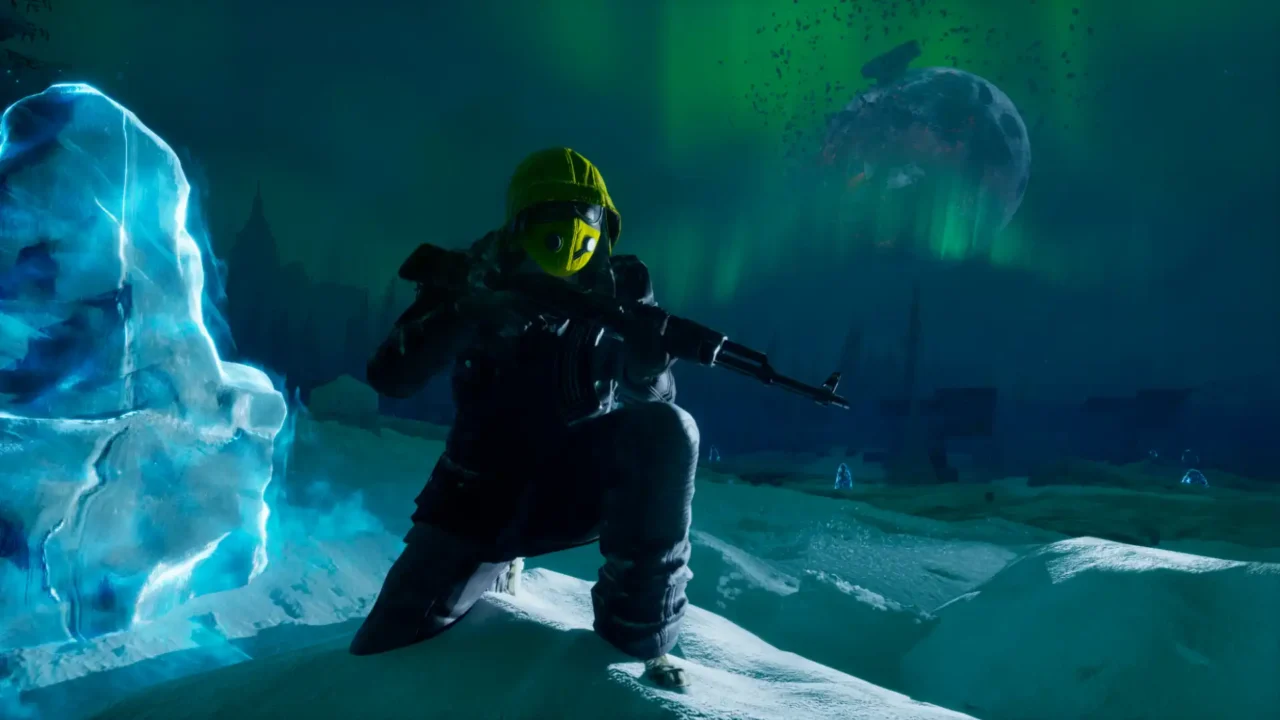 Permafrost survivor crouching in a frozen night landscape with a glowing ice formation nearby.