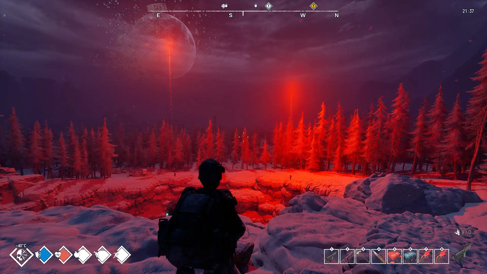 Permafrost gameplay showing a survivor at night in the frozen post-apocalyptic world.