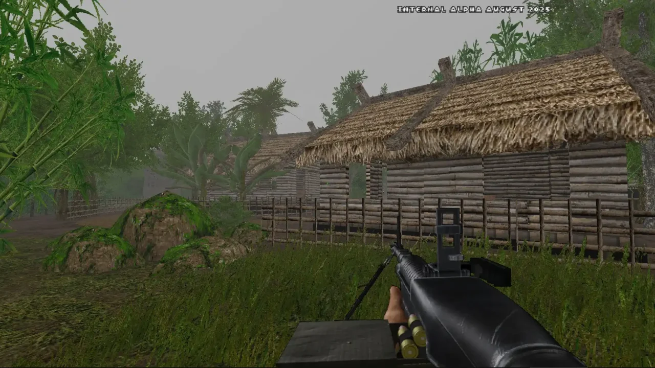 Retrofront Vietnam screenshot showing a machine gun aimed near a wooden village hut.