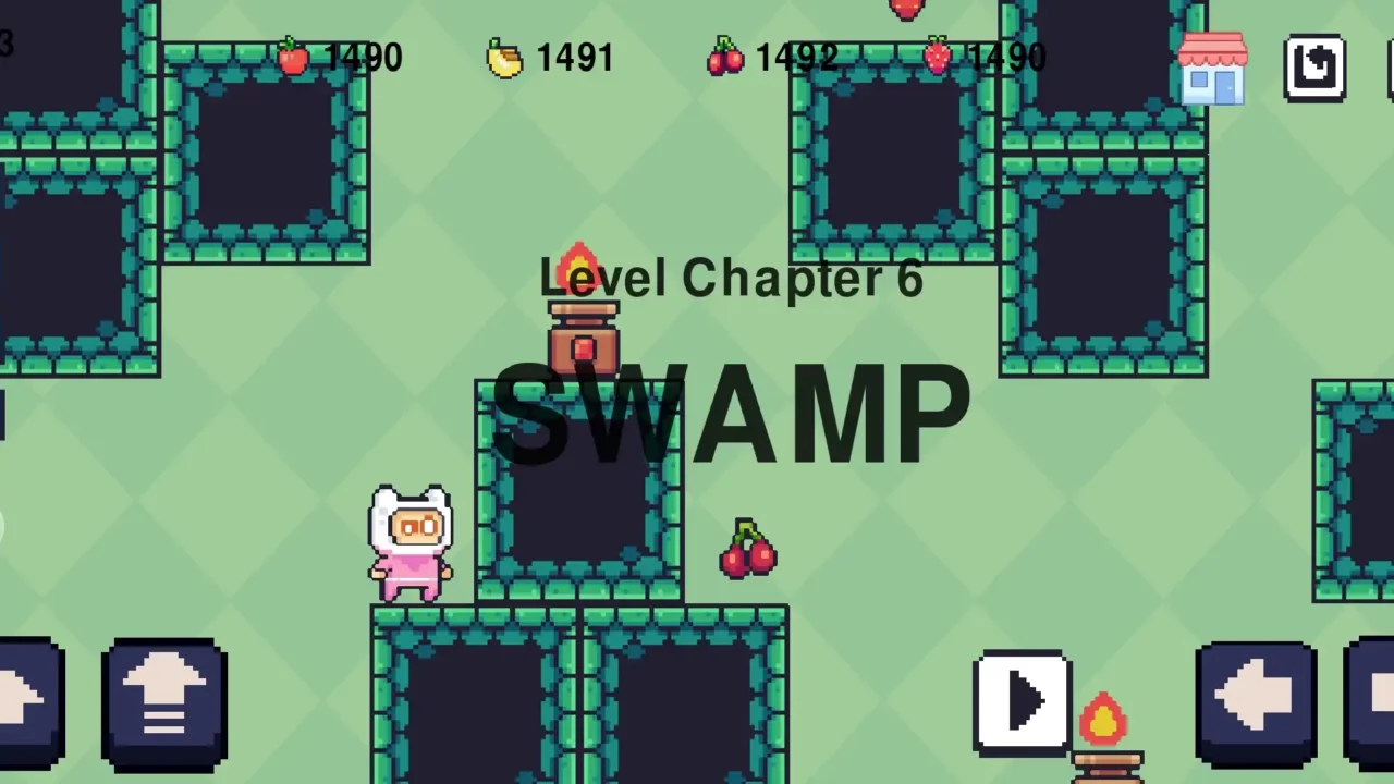 Skiptrace gameplay screenshot showing the Swamp chapter with green platforms, collectibles, fire hazards, and mobile touch controls.