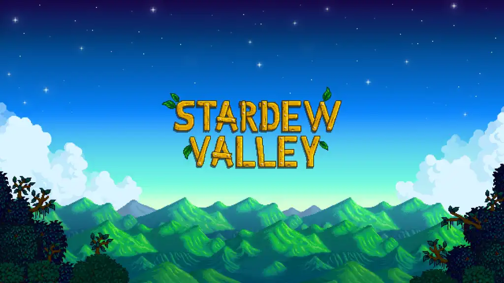 Stardew Valley title image with mountains and pixel art sky