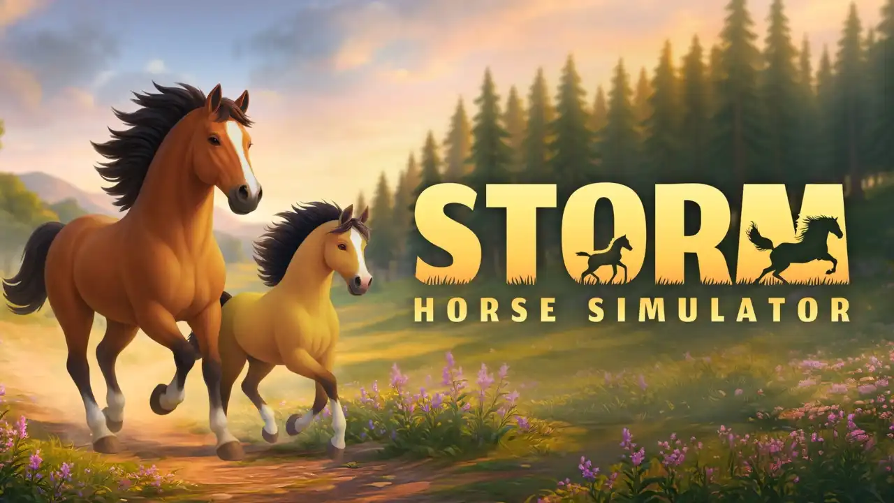 Storm Horse Simulator key art showing two horses running through a peaceful open landscape with the game logo.