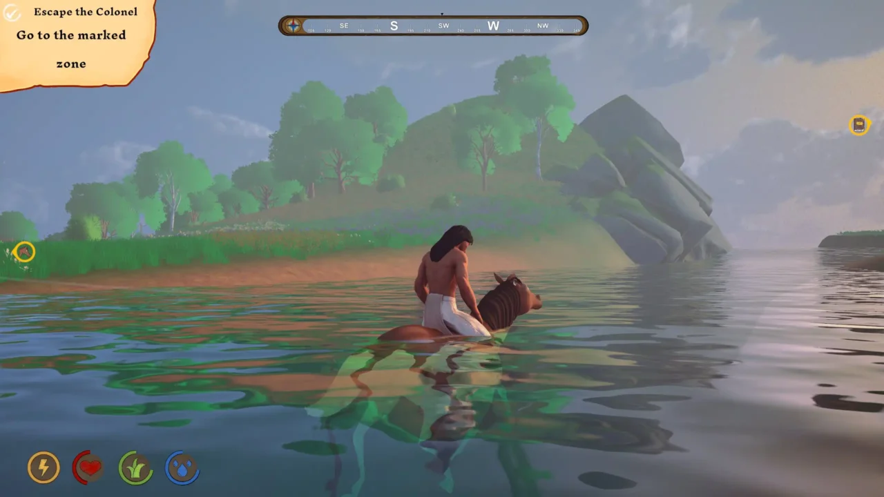 A horse swimming through water in Storm Horse Simulator while a rider sits on its back.