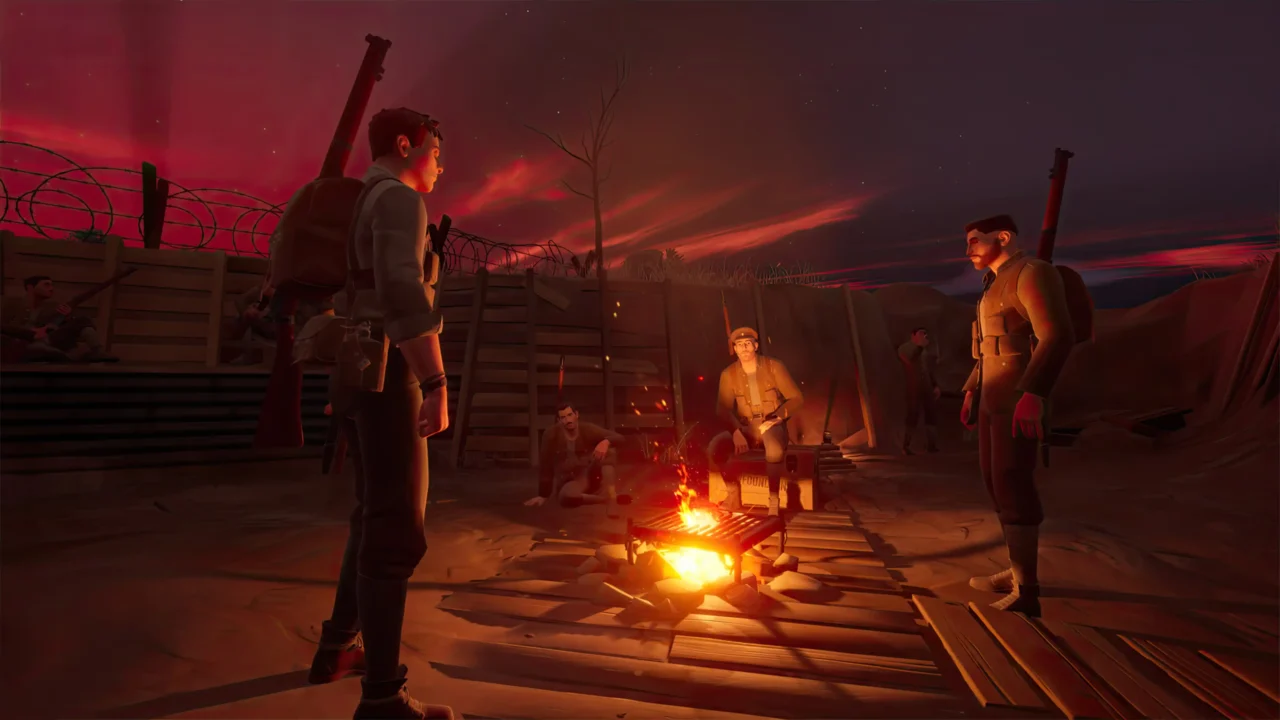 The Caribou Trail screenshot showing soldiers gathered around a campfire under a red night sky.