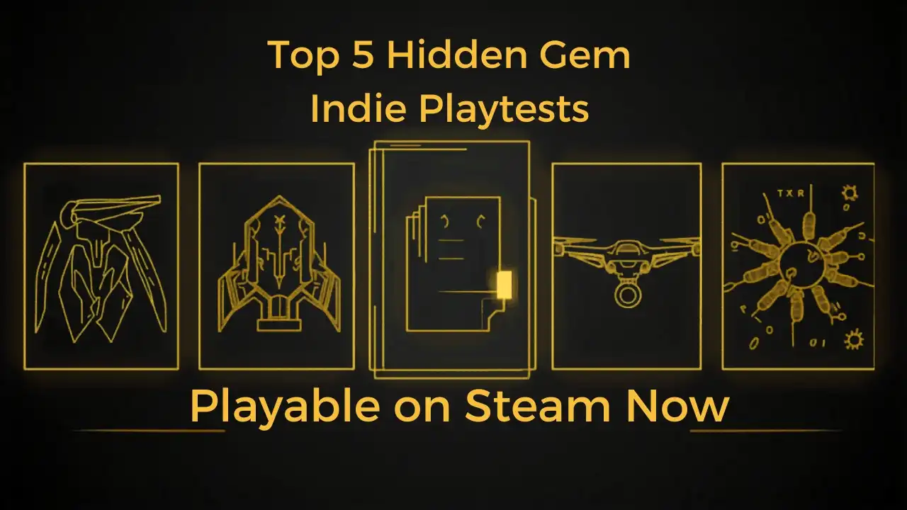 Feature image for Top 5 Hidden Gem Indie Playtests You Can Play Right Now, showing five abstract indie game panels with gold line art on a dark background.