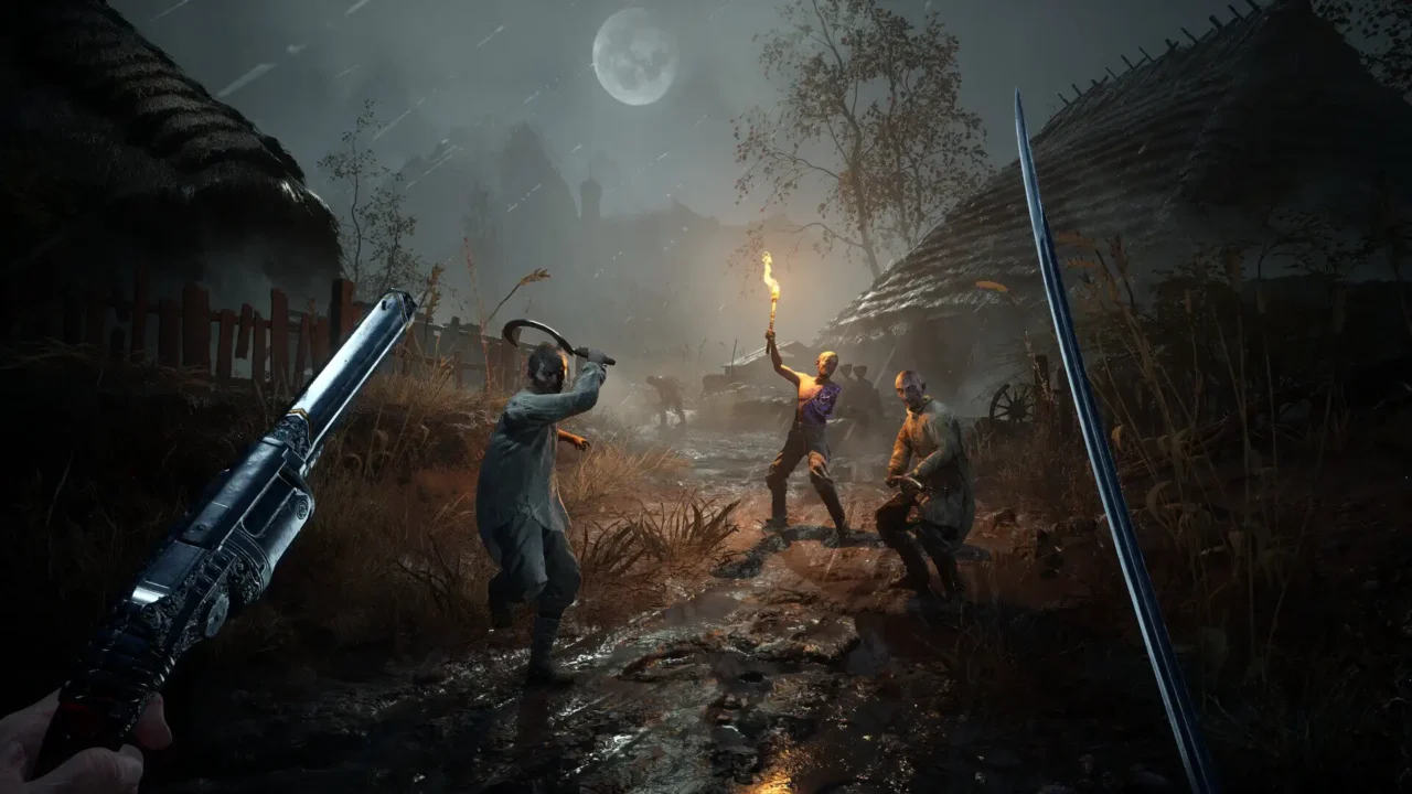 Valor Mortis first-person gameplay showing William facing plague-infected enemies in a dark village at night.