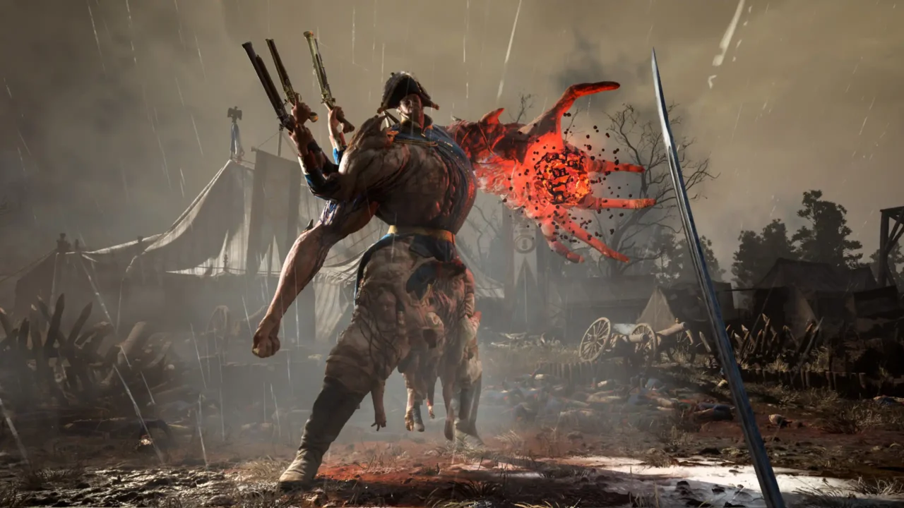 Valor Mortis gameplay showing a grotesque Napoleonic horror enemy during first-person combat in the rain.