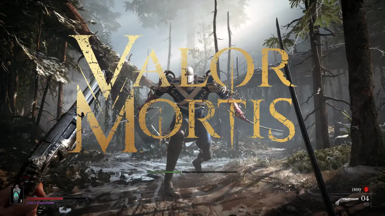 Valor Mortis gameplay screenshot showing a first-person combat encounter in a dark forest with the game logo overlaid.