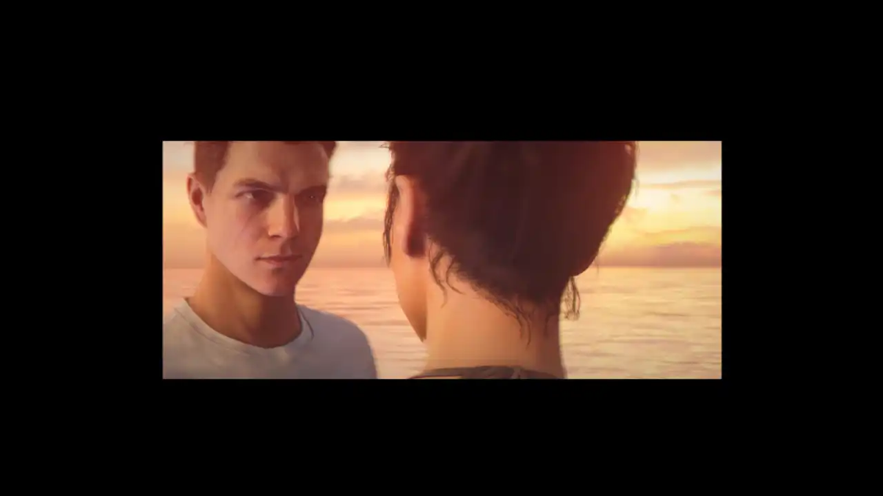 007 First Light cutscene shown in a small centered frame on an ultrawide monitor