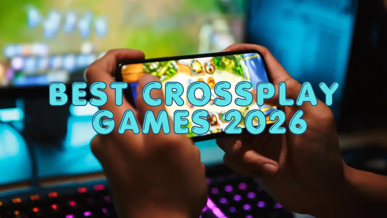 Person playing a mobile game with a PC gaming setup in the background, used for a Fix Gaming Channel article about the best crossplay games in 2026.