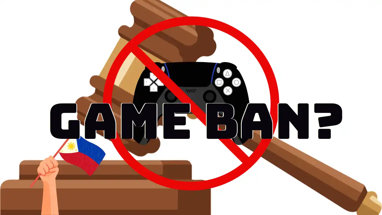 Thumbnail showing a judge’s gavel, a crossed-out game controller, and a Philippine flag representing the video game ban debate in the Philippines.