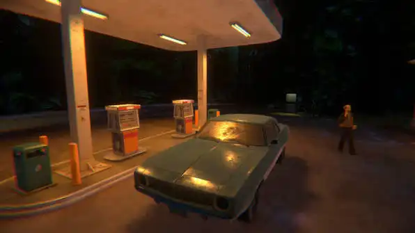 HERROR Gas Station Case screenshot showing fuel pumps, a parked car and a person at a gas station at night