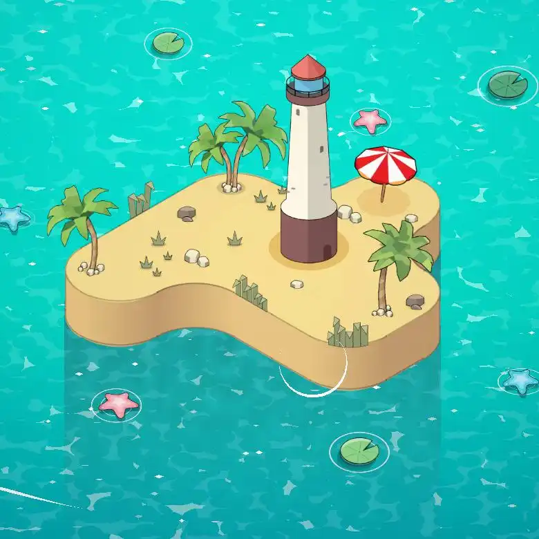 Life & Lemon tropical island biome with lighthouse, palm trees, beach umbrella, and bright blue water